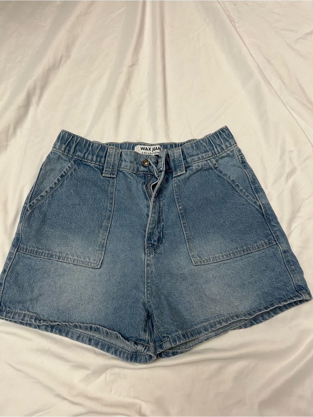 Wax Jean Washed Blue Denim High-Rise Patch Pocket Shorts